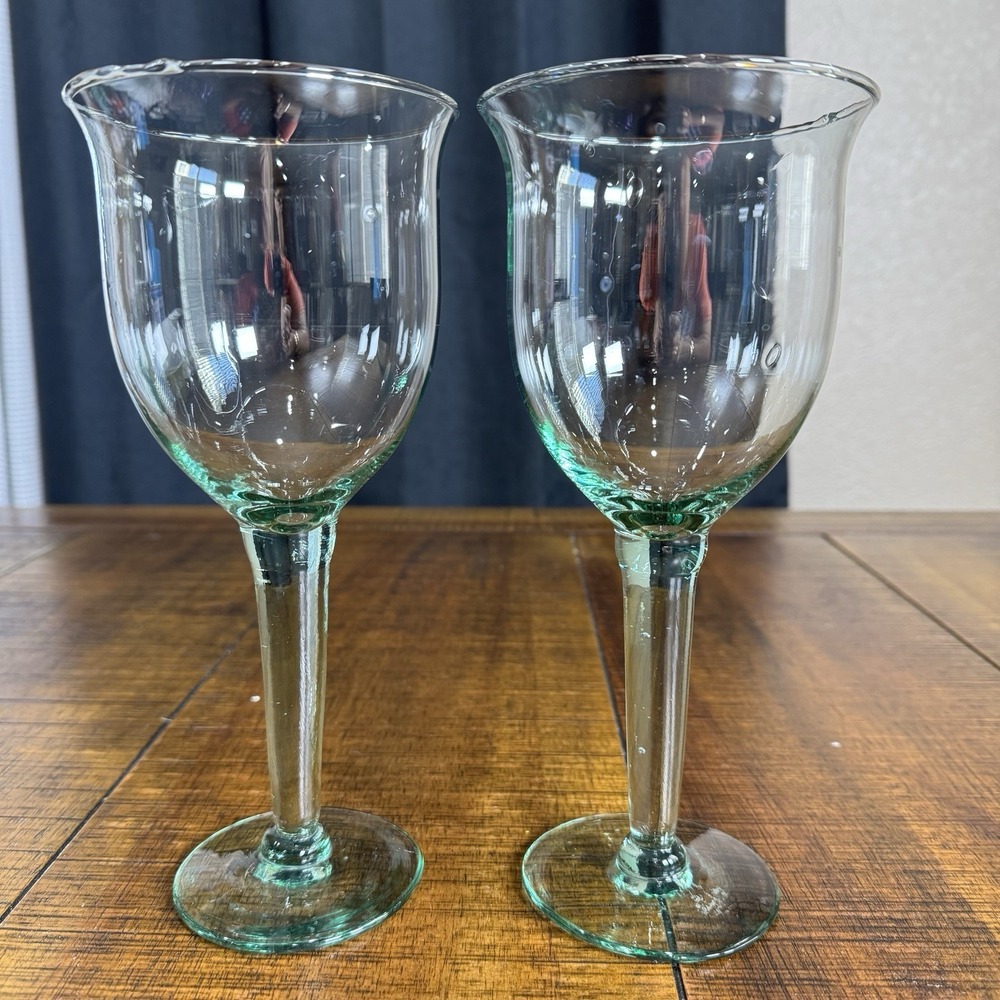2 La Mediterranea Recycled Green Glass Water/ Wine Goblets Spain Verde 9.5" Tall